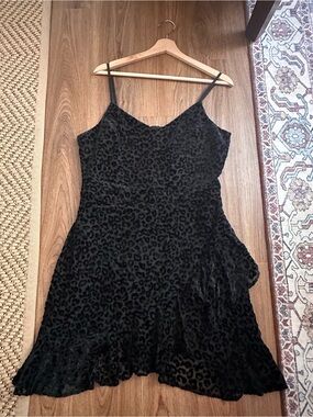 Black Leopard Velvet Mini Dress with Spaghetti Straps